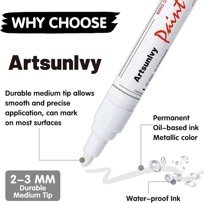 Artsunlvy White Paint Pens marking pens Permanent Markers - 2 Pack Oil Based Waterproof Markers for Tire, Rubber,Wood, Rocks, Metal, Canvas,Plastic, Dark Surface,Craft office Supplies,Medium Point