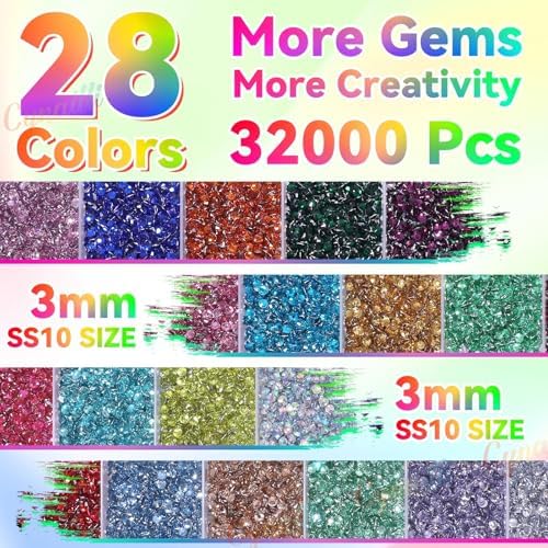 32000Pcs Color Rhinestones Bedazzling Kit, 3mm Gems Crafting