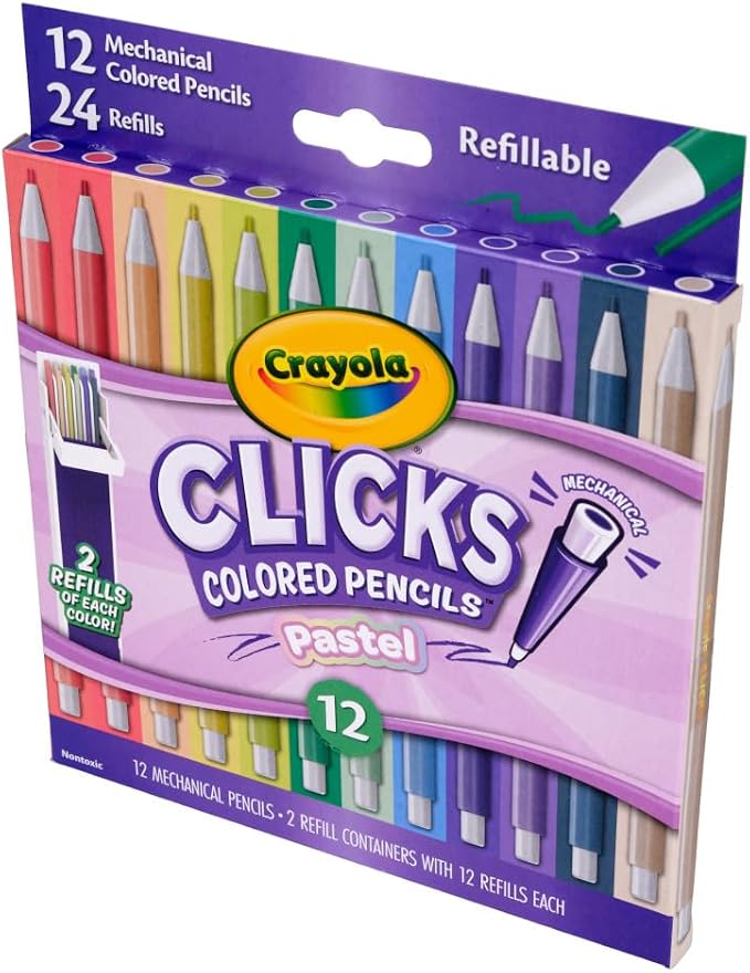 Crayola Clicks 2.0mm Mechanical Colored Pencil Set, 12 Pastel Colors, Cute School Supplies for Teachers, 24 Replacement Cores, Ages 6+