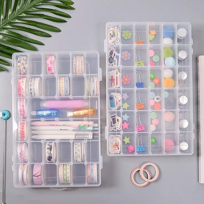 Bead Organizer Storage 2 Pack 36 Grid Jewelry Tackle Craft Box Adjustable | Clear Plastic, Adjustable Dividers, Label Stickers Included, for Beads Jewelry Crafts Fishing Tackle and Small Parts
