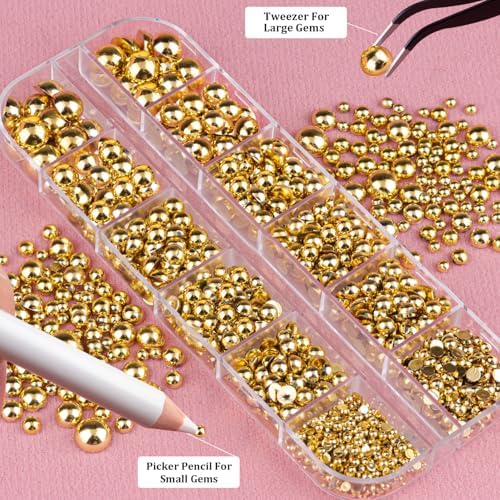 2 Boxes Flatback Nail Pearls for Nail Art Gold Pearl Charms and Gems