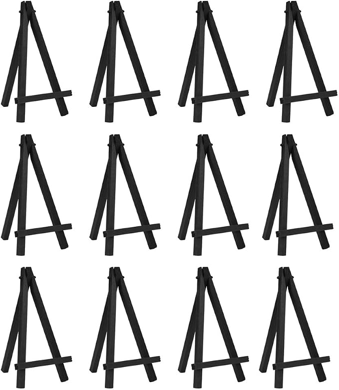 EBOOT 12 Pack 6.25 Inch Black Mini Wood Easels, Small Display Easel Stand for Painting Canvases, Art and Crafts, Tripod, Painting Party, Students Tabletop Easels, Portable Canvas Picture Sign Holder