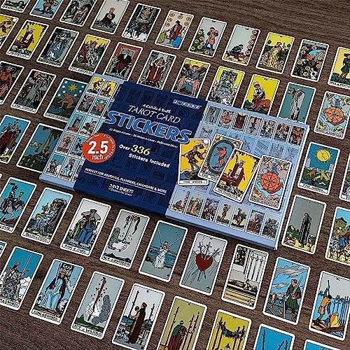 Joyppy 336 Pcs Tarot Stickers - 2.5" x 1.4" (6.3 cm x 3.6 cm) - 4 Sets RWS Full Deck Tarot Card Stickers for Tarot Journal & Planner - Tarot Cheat Sheets Included for Quick Learning & Spreads…