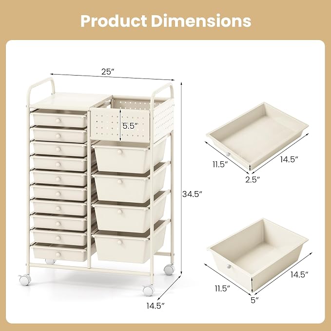 Giantex 14 Drawer Storage Cart, Rolling Craft Cart with Metal Tabletop & Pegboard, Mobile Utility Organizer Trolley with Locking Wheels, Home Office, Ivory