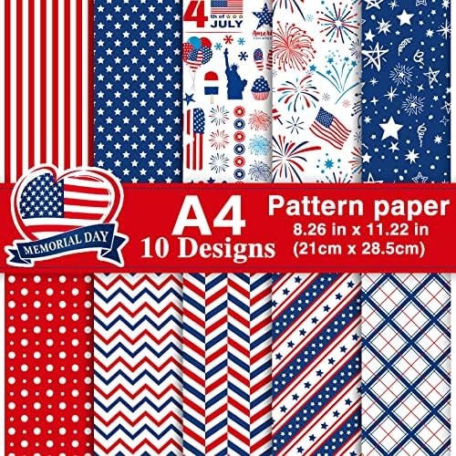 Morcheiong 45 Sheets 4th of July Pattern Paper Set A4 Size Decorative Paper Double-Sided Craft Origami Paper for Independence Day Scrapbooking Card Making Crafting, 10 Designs