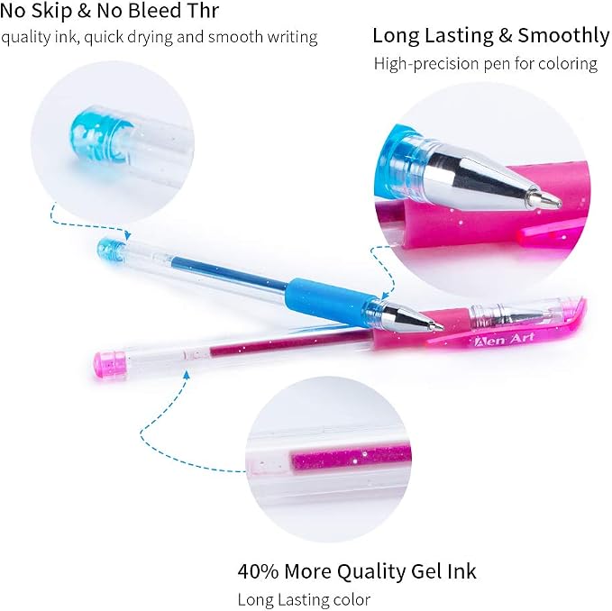 Aen Art Glitter Gel Pens, 24 Colored Fine Tip Markers with 40% More Ink