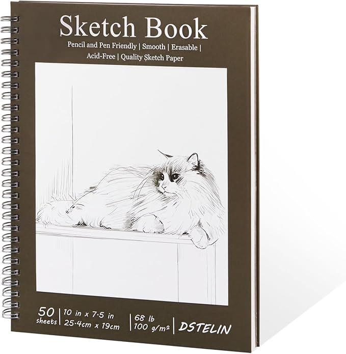 DSTELIN 10 x 7.5 Inch Spiral Bound Sketch Book for Drawing, 50 Sheets 68LB/100GSM Acid-Free Paper, Hardcover Sketch Pad for Students and Adults
