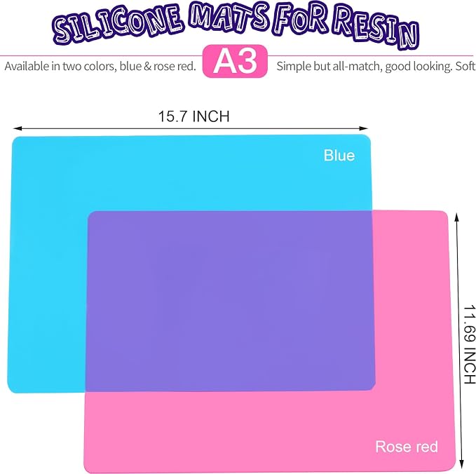 LEOBRO Silicone Mat for Resin Molds, 2 PCS 15.7" x 11.7" Playdough Mat, Silicone Mats for Crafts, Jewelry Resin Molds Mats, for Clay, Paint, Blue & Rose Red
