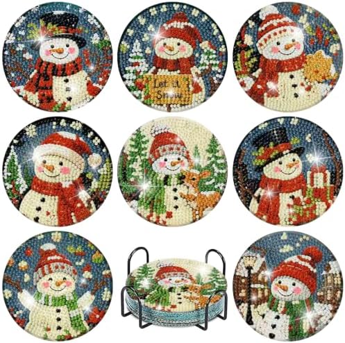 8 Pcs Christmas Diamond Art Coasters Kits, Snowmen Cork Wooden Pad Diamond Painting Coasters with Holder, 5D DIY Full Drill Gem Art Craft Supplies for Adults Beginners Home Decor