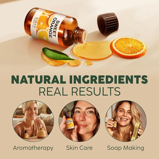 Kukka 100% Pure Orange Essential Oil for Skin, Diffuser, 1.02 Fl Oz | Undiluted Sweet Orange Oil for Uplifting Diffuser Blends, Natural Cleaning Spray, Hair & Skin Care & DIY Soap Making
