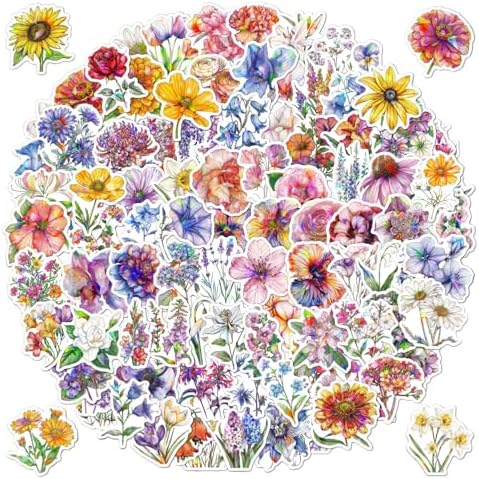 100 PCS Glitter Natural Flower Stickers for Scrapbooking, Verseyi Aesthetic Trendy Floral Stickers for Journaling Notebook DIY Cards Decoration, Vinyl Waterproof Garden Deco Sticker