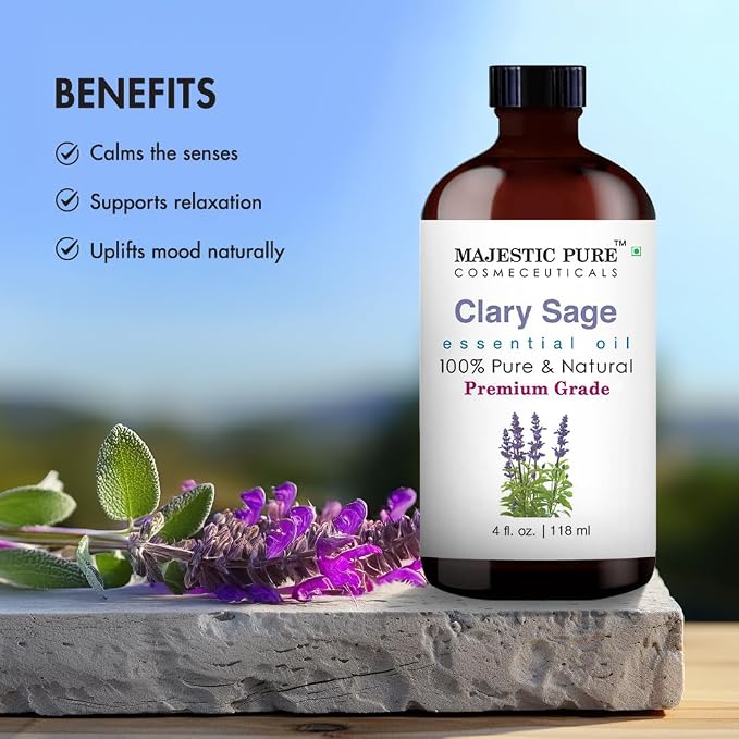 Majestic Pure Clary Sage Essential Oil for Diffuser - 4 Fl Oz | 100% Pure & Natural Essentials Oils for Humidifier, Air Freshening, Cleaning Home, Bath, spa-inspired self-care routines