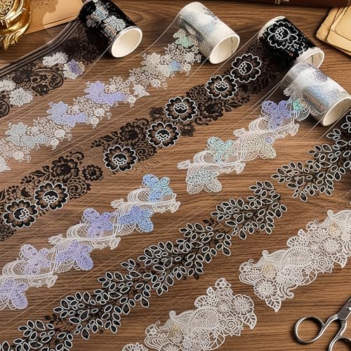 Primst 5 Rolls Washi Tape Lace Pattern Self-Adhesive Tape, White Black Floral Washi Silver Aesthetic Lace Tapes for Scrapbooking DIY Art Journaling Craft Gift Wrapping