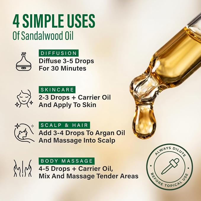 100% Pure Sandalwood Oil 4 Fl Oz - Sandalwood Essential Oil for Hair | Woody Aroma Fragrance, for Skin, Scalp, Diffuser, Aromatherapy, Perfume, Body Massage - Undiluted, Non-GMO, from India