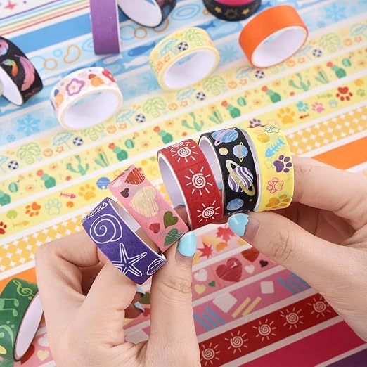 icceemee 30 Rolls Colorful Theme Washi Tape Set with Different Colorful Patterns, Writable Decorative Tapes for Scrapbooking, Junk Journal Supplies, Bullet Journaling, 0.6'' x 79'' per Roll