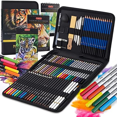 PANDAFLY 80 Drawing Set Sketching Kit, Art Supplies with 3-Color Sketchbook
