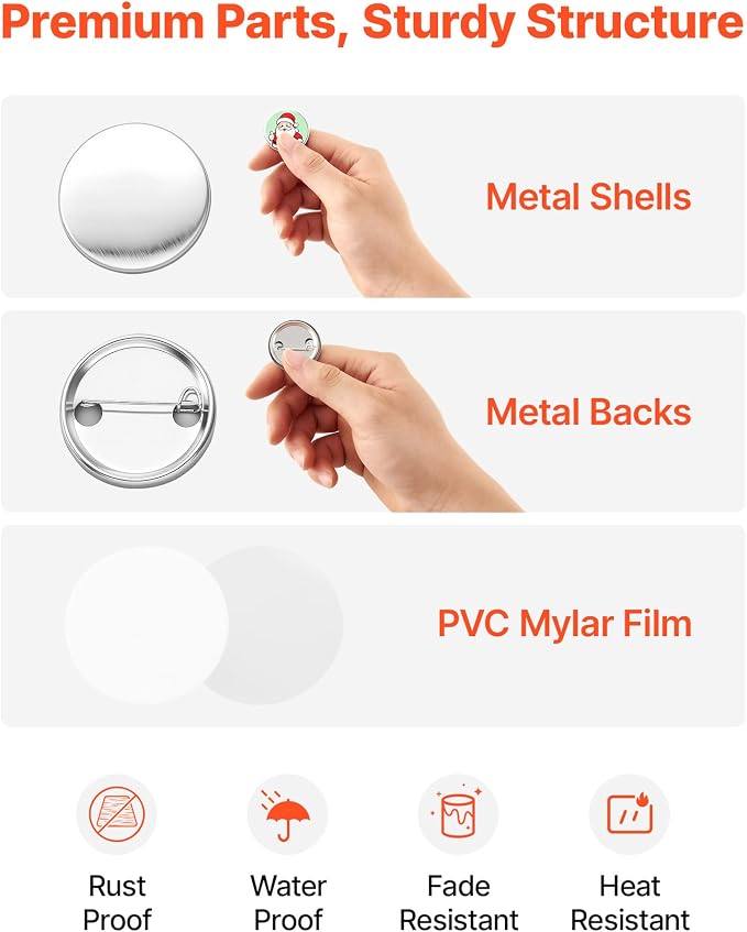 VEVOR Button Maker Supplies 200 Sets 1.25 in / 32 mm Pin Back Button Parts, with Metal Backs, Metal Shells, Clear Mylar Films, and Blank Circle Papers, for Home DIY, School Events, and Custom Studio