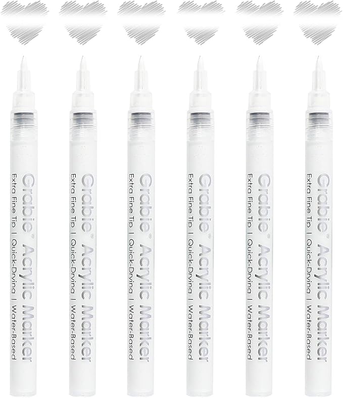 Grabie 6 White Acrylic Paint Markers, 0.7 mm Extra Fine Tip