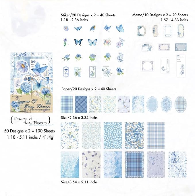 OKUPAN Vintage Floral Scrapbook Paper & Journaling Stickers (100pcs) Assorted Set (Blue) - Junk Journal Supplies for Bullet Journaling, Retro Crafts, Planner, Mixed Media, Collage Card Album