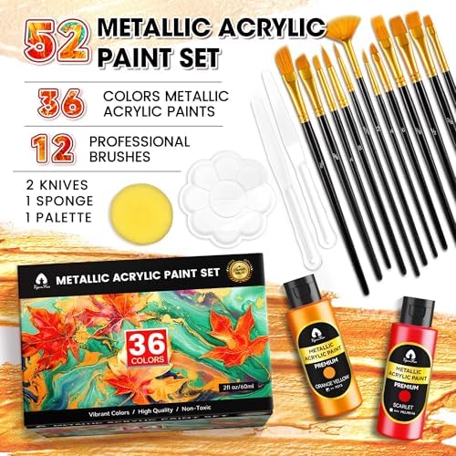 52 Pcs Acrylic Paint Set, 36 Metallic Colors Rich Pigments, 2oz/60ml Bottle