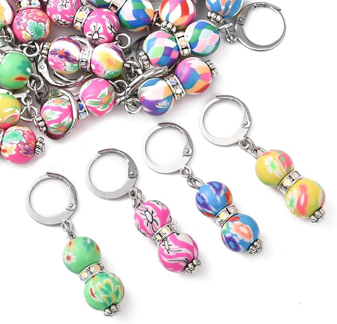 SUNNYCLUE 1 Box 20Pcs Stitch Markers Crochet Stitch Marker Cute Round Polymer Clay Beads Charms Clip On Removable Leverbacks Zipper Pull Charm Locking Knitting Markers for Yarns DIY Sewing Quilting