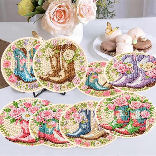 8 Pack Diamond Art Coasters, Boots Diamond Painting Coasters