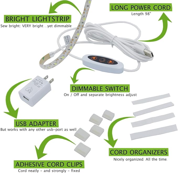 Madam Sew LED Sewing Machine Light Strip with USB Dimmer | 12-Inch Trimmable Flexible Strip Stick On Sewing Light, 24 Daylight LED at 6500K with 3 Adhesive Clips | Fits Most Sewing & Quilting Machines