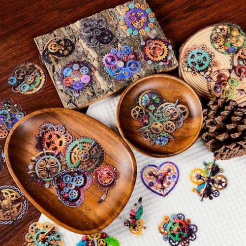 56PCS Steampunk Gear Stickers Pack – Vintage Mechanical Gears, Clockwork Designs, Transparent Vinyl Decals for Scrapbook, Journal, Laptop, Planner, DIY Craft, and Gear Art Lovers