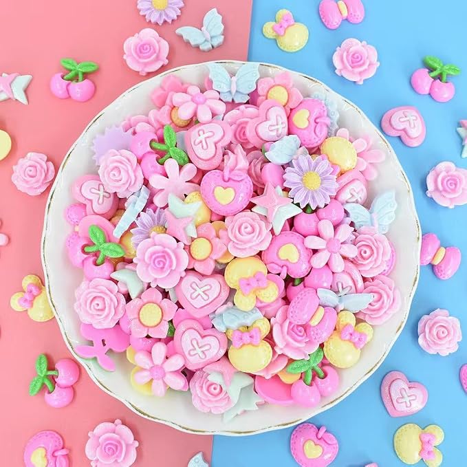 100Pcs Shimmery Pink Solid Resin Charms for Slime - Flatback DIY Cream Glue Accessories, Kawaii Embellishments for Phone Case Decor, Scrapbooking, Jewelry Making, Hair Clips - Random Mixed Styles
