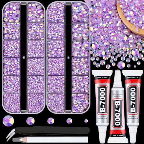 Resin Jelly Rhinestones for Crafting with B7000 Jewelry Glue, 2 Boxes Light Purple AB Flatback Crystals with 3Pcs 10ml Glue, Bedazzling Non Hotfix Gems for DIY Tumblers Clothing Shoes Manicure
