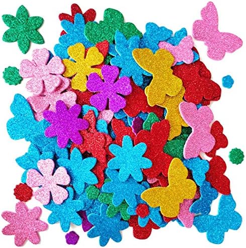 Glitter Foam Flower and Butterfly Shapes Stickers, Self-Adhesive Stickers Kid's Arts Crafts Supplies for Greeting Cards DIY Scrapbooking Cards Creative Toys Home Decoration (Random Colors)