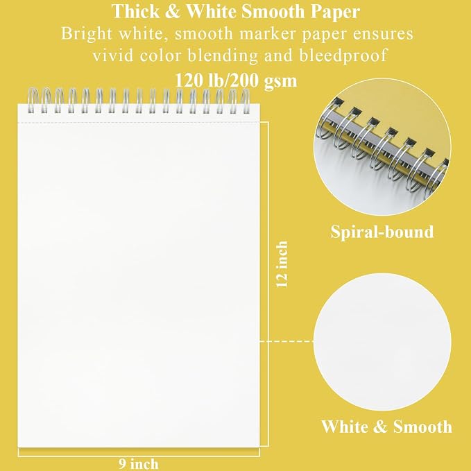 Marker Paper Sketchbook 9"X12", 120lb/200gsm Thick Marker Paper, 60 Sheets Acrylic Marker Sketchbook Bleedproof, Professional Art Supplies for Adults & Teens.