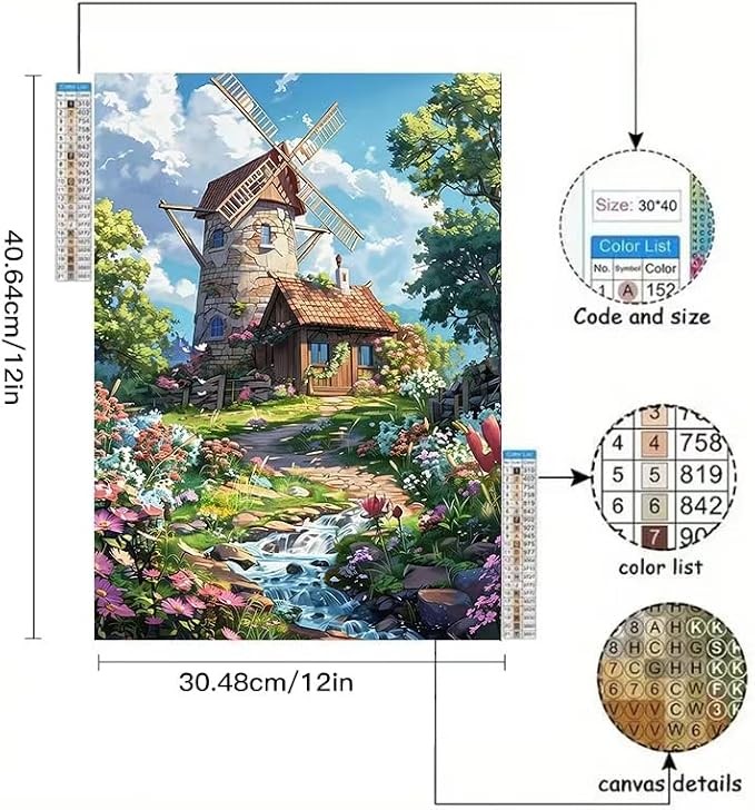 YUXUANKANG Diamond Painting Kit, Windmill Cottage Floral Landscape, 12x16 Inch, DIY Craft Activity, Resin Diamonds, Adult