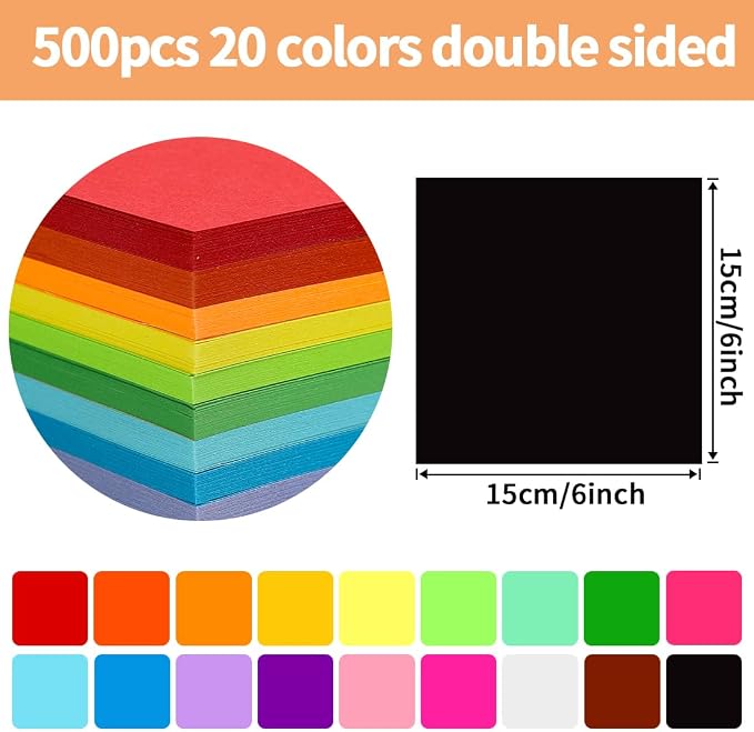 Praisebank Black Origami Paper, 500pcs 6x6 inch, Double Sided Color, Origami Kit with Guide instruction for Crafts