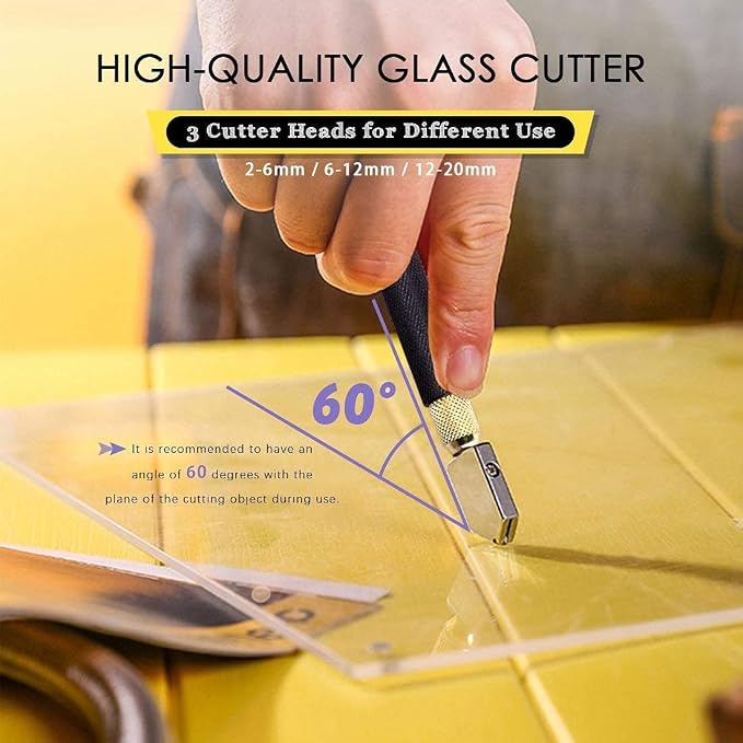 Glass Cutter Tool with Cutting Oil, Professional Glass Cutting Kit with Metal Ball Head, Oil Dropper, and 3 Replacement Cutting Heads