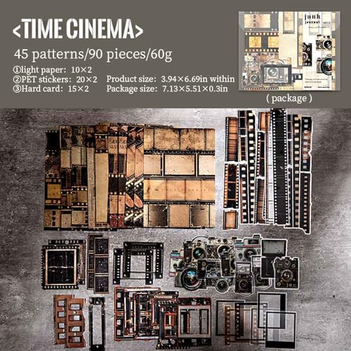 Vilikya 90Pcs Film Scrapbook Stickers Pack for Junk Journal Supplies, Movie-Themed Decoupage Paper for Scrapbooking Kit, PET Film Strip Tape & Photo Frame Cards for Bullet Journaling Decorative