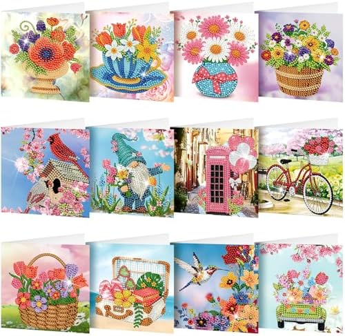 Saillong 12 Pack Flower Diamond Painting Greeting Card Kits DIY Pastel Floral Gnome Diamond Art Cards with Envelopes Flower 5d Rhinestones Paint Card for Adults DIY Craft Family Friend Birthday Gifts