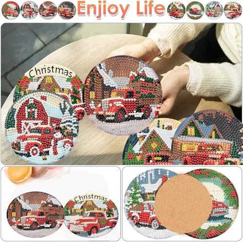 ijbnhd 8 PCS Christmas Diamond Art Coasters Kit with Holder