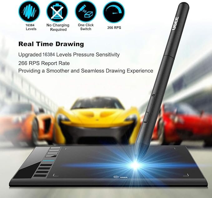 UGEE M708 Drawing Tablet, 10x6 inch Large Space for Digital Drawing | 8 Hot Keys, Passive Stylus of 16384 Levels Pressure, Digital Graphics Art Tablet, For PC Paint, Design, Art Creation Sketch