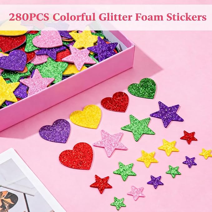 Back to School Supplies - 280 PCS Glitter Foam Reward Stickers for Kids | Self Adhesive Stars Mini Heart Shapes Stickers for Teachers Students Classroom - Arts Craft Scrapbook Supplies Party Favors