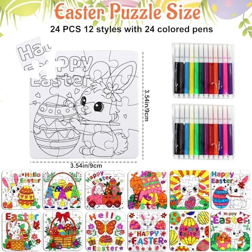 24 Pcs Easter Crafts Puzzle for Kids Ages 4-8, Easter Activities Arts DIY Jigsaw with Egg Bunny Basket Flower, Spring April Craft for Party Favors Gifts Christian Classroom Coloring Games Toy Bulk