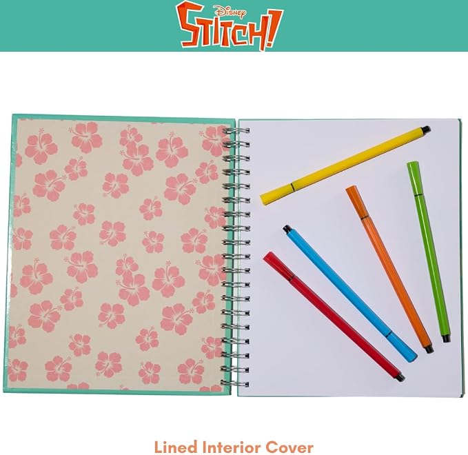Disney Stitch Sketchbook for Kids with Washable Markers, 86 Blank Pages Spiral Bound, Turquoise