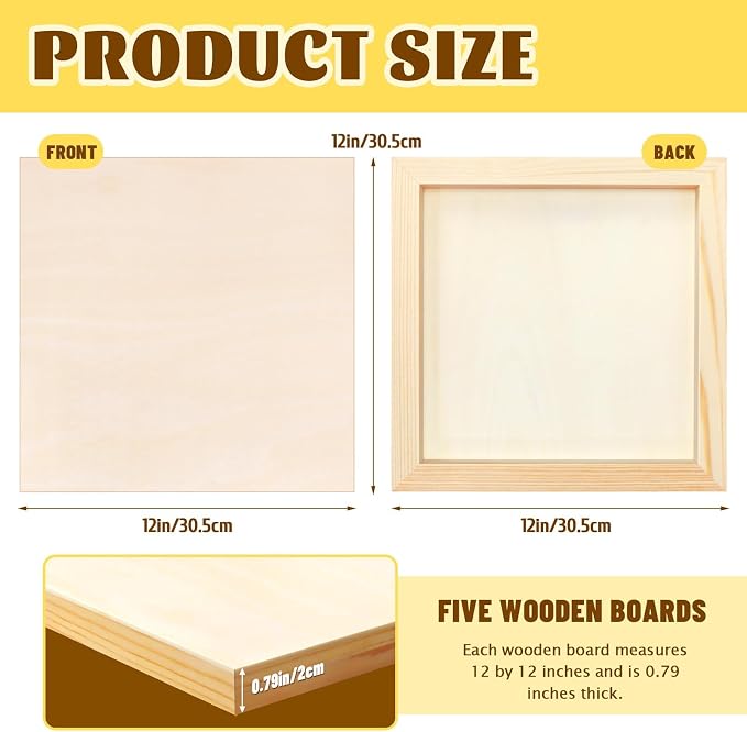 FSWCCK 5 Pack 12 x 12 inch Wood Panel Boards, Unfinished Wood Canvas Wooden for Crafts, Painting Canvas, DIY Art Projects, Pouring, Arts Use with Oils, Acrylics