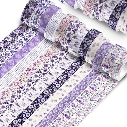 12 Rolls Purple Flower Washi Tape Set, 15 mm x 5 Meters Vintage Flower Decorative Masking Tape, Purple Rose Lavender Patterned Washi Tapes for DIY Craft, Scrapbook, Journal, Gift Wrapping