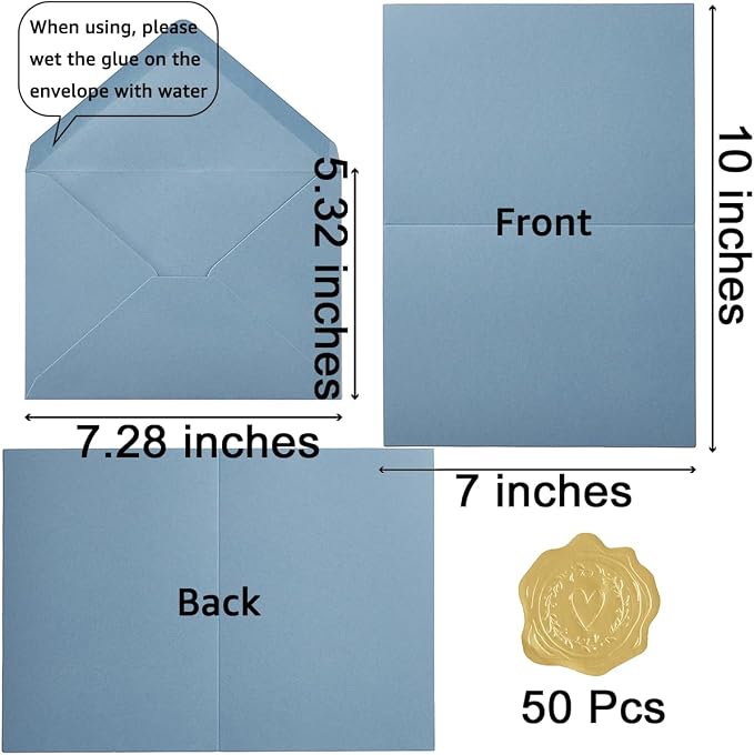 50 Pack Dusty Blue A7 Envelopes with Cards and Gold Stickers, 5x7