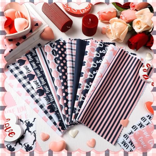 HunnmingRe 20 Pcs 10''x10'' Valentines Pink Quilting Fabric Square Bundle Love Heart Precuts Quiltted Fabric Plaid Polka Dot Printed Patchwork Supplies for DIY Material Sewing Craft Strips