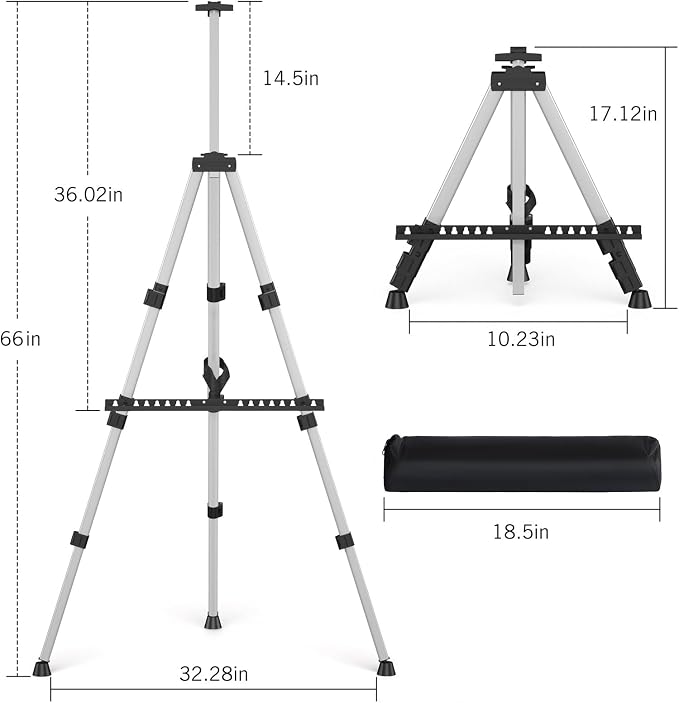Art Painting Easel Stands, Adjustable Display Tripod Artist Sign Easels | Portable 66 inches Aluminum Metal Silver Floor Stands with 2 Bags for Table-top/Floor Drawing, Sturdy for Canvases Displaying