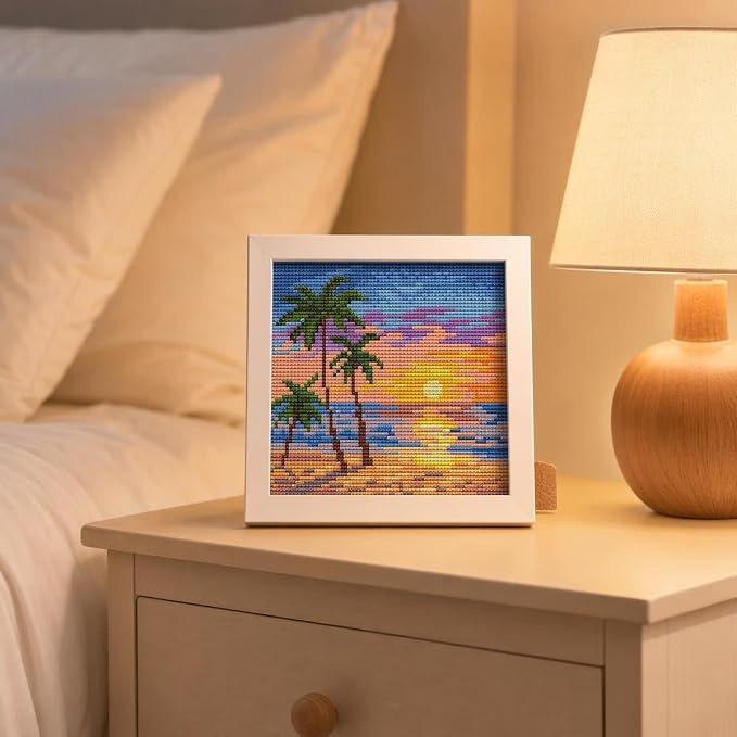 WUSARPLY Sunset Landscape Stamped Cross Stitch Kits for Adults with Framed | Beach Palm Tree Needlepoint Counted Cross Stitch Kits for Beginners Adults with Framed Embroidery Kits Arts and Crafts