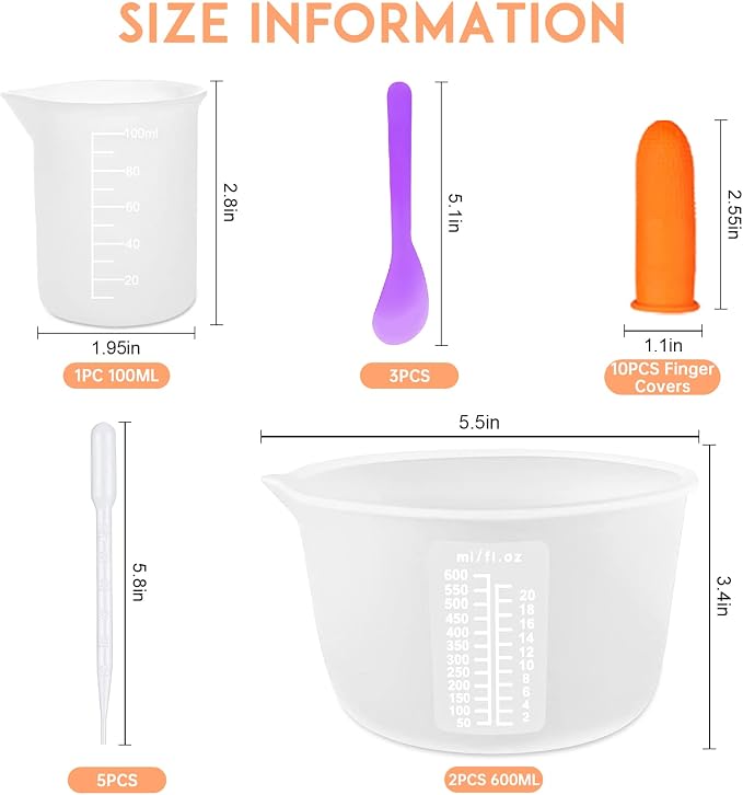 Silicone Resin Measuring Cups, 600ml with Stir Sticks