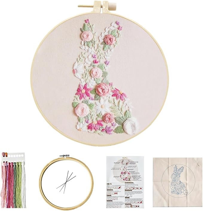 YOUDRN Bunny in Bloom Embroidery Kit for Beginners, Bunny Embroidery